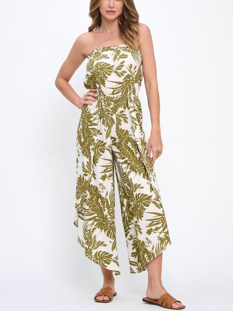 Reneec. | Leaf Print Strapless Linen Blend Jumpsuit